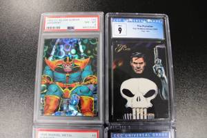 lot 145 image: 1994 Flair The Punisher #33 CGC 9 - 1992 Judgement #42 PSA 8 - 1995 Metal Punisher #9 PSA 8 - 1994 Ultra Wolverine #149 CGC 9