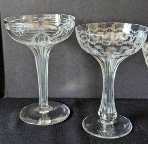 Etched Art Deco Hollow Stem Champagne Glasses