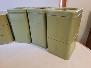 lot 27 image: 60s Avocado Green Metal Canister Grouping