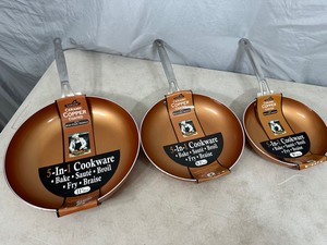 lot 84 image: 3 New Copper Coated Frying Pans
