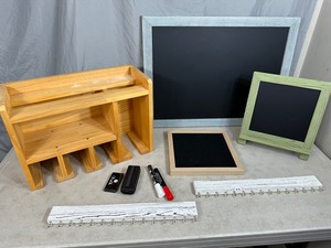 lot 194 image: Assorted Wood Chalkboards, Message Board, Hooks, Shelf