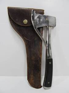 lot 61 image: Awesome Antique MARBLES Hatchet wSafety Guard & Leather Case