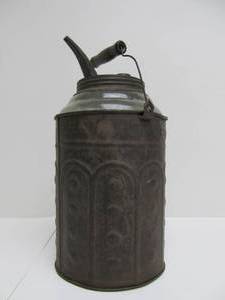 lot 67 image: Awesome Antique Embossed Tin over Glass Excelsior Kerosene Jar