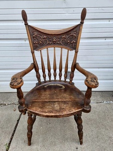 lot 282 image: Awesome Antique Gothic Carved Oak Armchair