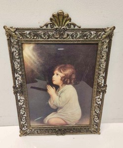 lot 288 image: Italian Brass Framed Vintage Print - Young Girl Praying