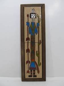 lot 218 image: Vintage Mid Century Style Hand Painted Glazed Tile Kachina Art By Territorial Tile Santa Fe Signed