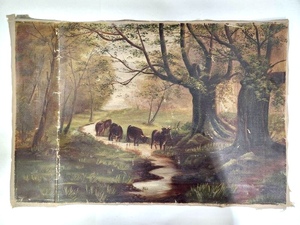 lot 345 image: Early Antique Unframed Oil on Canvas Painting wCows