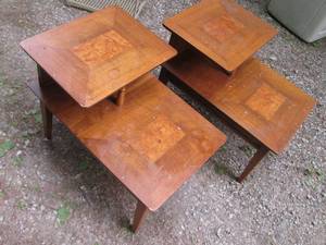 lot 33 image: Pair of unique vintage patterned wood tables