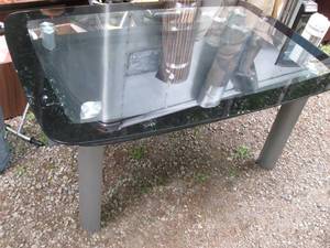 lot 50 image: Metal framed tiered glass top dining room table