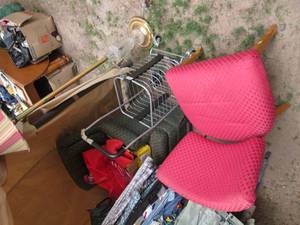 lot 264 image: Lamp, cruiser cart and upholstered wood frame chair