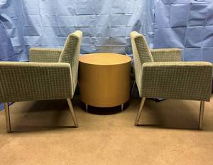 lot 47 image: Westin-Nielsen Clear Maple Cylinder Round End Table - Excellent Condition  2 High Quality&nbspLesro Reception Furniture Chairs - Chairs Have Light Staining To Fabric...