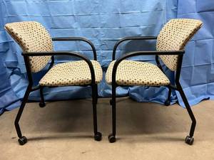 lot 50 image: Lot of 2 High Quality SitOnIt Seating Geometric Polkadot Reception Office Stackable Mobile Work Chairs with Arms & Casters - Seats Need Cleaning