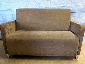 lot 42 image: MSRP $3000 High Quality Lesro Reception Seating Furniture Ravena Loveseat Sofa - Matka Shitake Color With Brushed Steel Legs - Excellent Condition