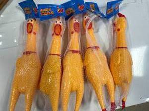 lot 28 image: Lot of 5 Noise Making Rubber Chickens
