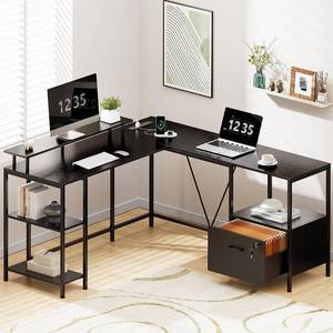 Huuger L Shaped Desk with Power Outlets and LED Lights