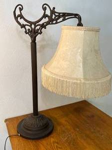lot 17 image: Antique Metal Lamp with Fringe Shade