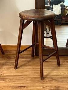 lot 26 image: 2 Vintage Wood Stools and Wood Framed Mirror
