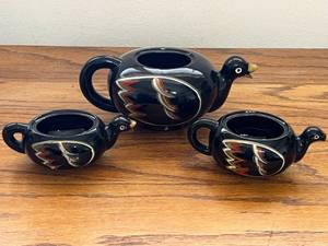 lot 62 image: Redware Chicken Stacking Teapot, Creamer & Sugar
