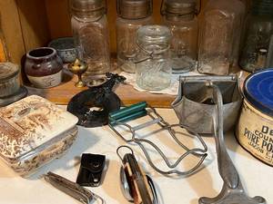 lot 109 image: Vintage Jars, Bottles, Tins, Cups, Knives and More