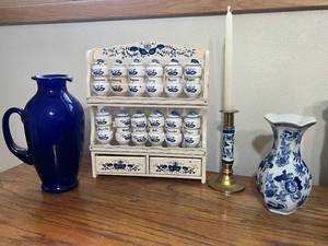 lot 118 image: Lot of BlueWhite Vases, Spice Rack, pitcher, Tea Pot, Candle Holders
