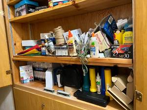 lot 135 image: Contents of Cabinet  Lightbulbs, Misc. Tools, Batteries, Flashlights