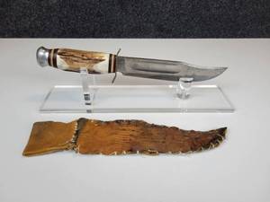 lot 873 image: Vintage Edge Brand Solingen Germany 473 Fixed Blade Knife - 6 Blade, Deer Antler Handle