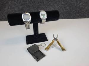 lot 877 image: Pair of Digital Watches and Multi-Tool with Velcro Pouch