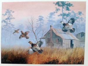 lot 73 image: Large David Maass Startled Covey - Bobwhite Quail Textured Print on Canvas