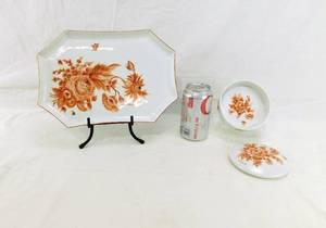 lot 43 image: Hand Painted Giraud Limoges France Tray and Heinrich Germany Covered Dish Painted by Irene V Chapple