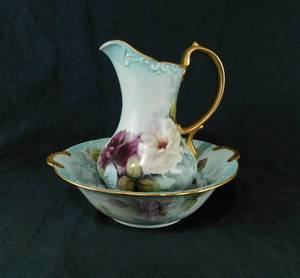 lot 126 image: Original Hand Painted Floral Pitcher and Bowl by Irene V Chapple
