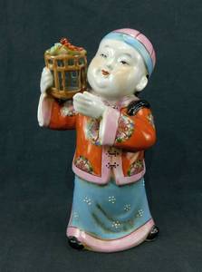 lot 9 image: Chinoiserie Chinese Boy with Birdcage Figure
