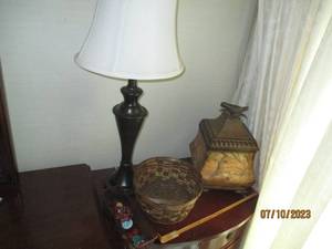 lot 96 image: wood lidded storage box, basket, lamp and misc accessories