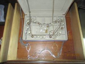 lot 101 image: Clamshell jewelry box with an assortment of necklaces