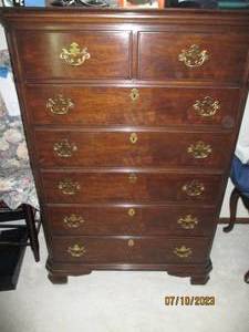 lot 2 image: Cherry Toned Wood 7-drawer Drexel Highboy Dresser
