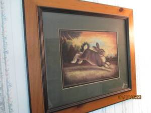 lot 110 image: wall art by D. Lacey Derstine with 3 long wall shelves