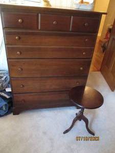 lot 140 image: Highboy Dresser and small round pedestal style side table