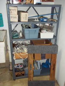 lot 332 image: Metal muti-tier storage shelf and all content