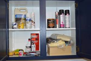lot 230 image: Contents of cabinet to include wood stain, etc