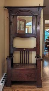 lot 80 image: English Oak Hall Tree with Beveled Mirror  Edwardian Era  Arts and Crafts Style