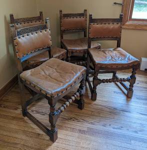 lot 74A image: Antique Jacobean Style Carved Wood and Leather Side Chair Set