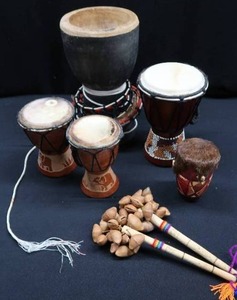 lot 56 image: AFRICAN  DRUM AND OTHER BEAUTIFUL HAND MADE INSTRUMENTS