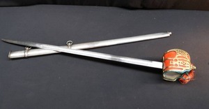 lot 87 image: BRASS INCASED LEATHER HAND GRIP SWORD WITH BASKET HANDLE