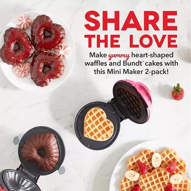 lot 514 image: NEW Dash Heart Treat Maker Set of 2, Mini Heart Bundt Cake Maker & Mini Heart Waffle Maker, Heart Print