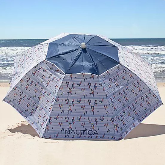 lot 308 image: NAUTICA 7 FT STRIPE BEACH UMBRELLA - Sailboat