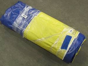 lot 288 image: 12 x 50 9 oz. Black Vinyl Tarp w Advertisement  Reused Billboard  9 mil Lightweight Heavy Duty - A Grade