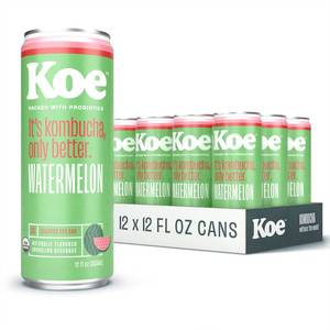 lot 352 image: Koe Kombucha Cans, Watermelon  Organic Sparkling Fruit Drinks With Live Probiotics and Vitamin C  12 oz Pack of 12