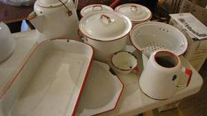 White wit red trim enamelware set w...