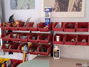 lot 82 image: Lot of (21) Plastic Parts Organizer Bins with Mounting Brackets