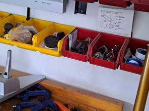 lot 83 image: Lot of (14) Plastic Parts Organizer Bins with Mounting Brackets