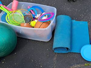 lot 156 image: Lot of  Assorted Sports Equipment - Rackets, Balls, Frisbees, Exercise Mat, Horseshoes
